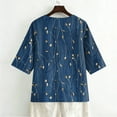 thumbnail image 4 of Boho Floral V Neck T Shirts for Women Cotton Linen 3/4 Sleeve Summer Beach Casual Tops #03Navy S, 4 of 6