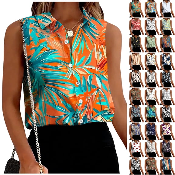 JTZGDY Womens Sleeveless Button Down Shirt Tops Vintage Floral Printed Summer Elegant Basic V Neck Business Casual Collared Tunic Blouses Beach Vacation Tank Top