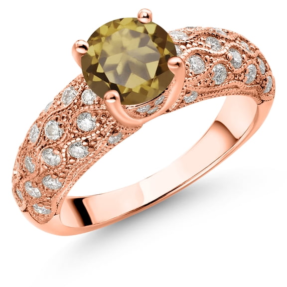 Gem Stone King 18K Rose Gold Plated Silver Whiskey Quartz and White Moissanite Engagement Ring for Women (1.59 Cttw, Round 7MM, Gemstone, Size 5)