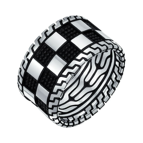 Bling Jewelry Mens Mens Silver Ring Two Tone Black  Check Board Chess Band .925 Silver