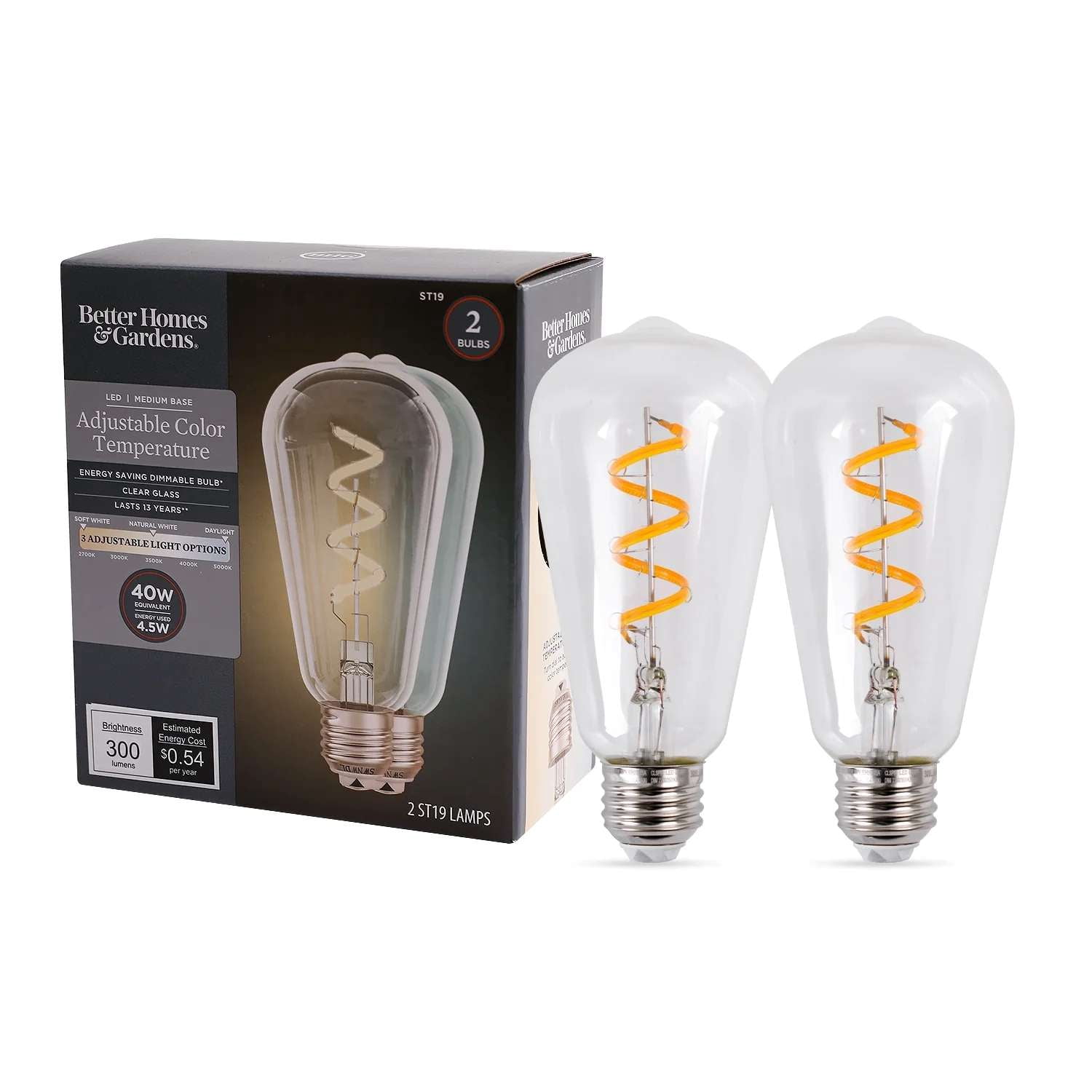 Better Homes & Gardens ST19 Vintage LED Edison Light Bulbs, 4.5W (40W Equivalent), E26 Medium Base, Dimmable, 3CCT Selectable (2700K/3300K/5000K), Clear Spiral Filament, 2 Pack