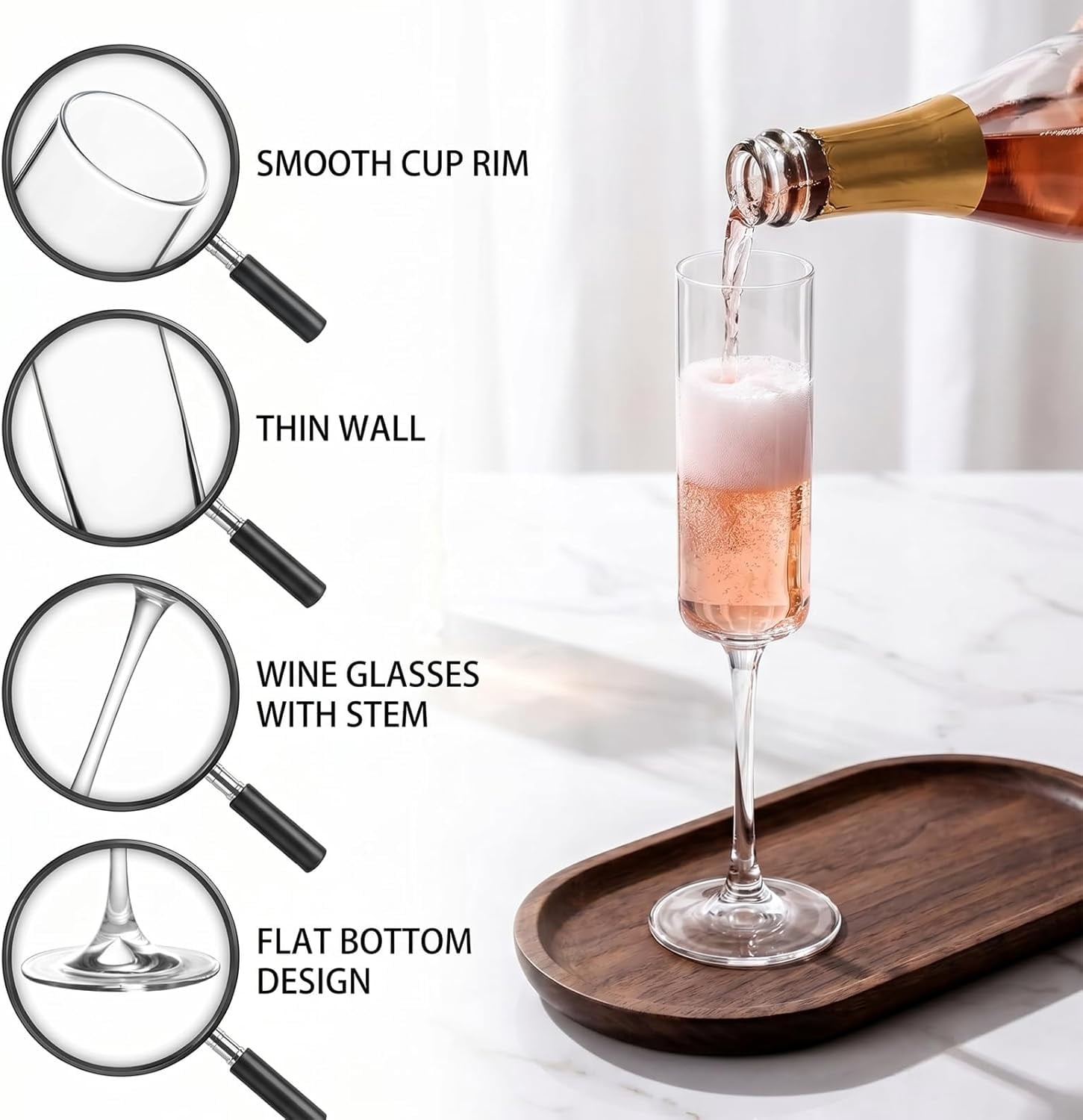 Set of 6 Crystal Champagne Flutes,Hand Blown Crystal Champagne Flutes with Long Stem,6.5 oz Elegant Champagne Flutes Wine Glass Stemware, Gift for Mother's Day,Wedding & Party