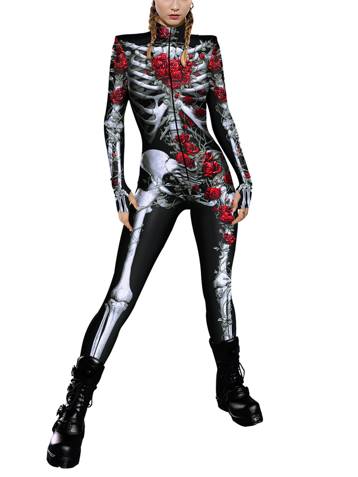 Blotona Women Halloween Jumpsuit 3D Digital Print Long Sleeve ZipUp