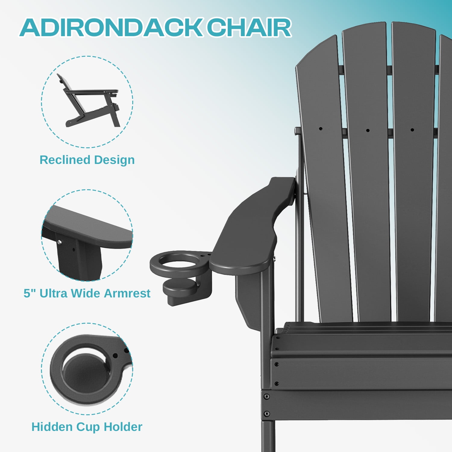 FODINGHILL Outdoor Folding Adirondack Chair, HDPE All Weather Patio Chair with Cup Holder for Deck Backyard Garden, Grey