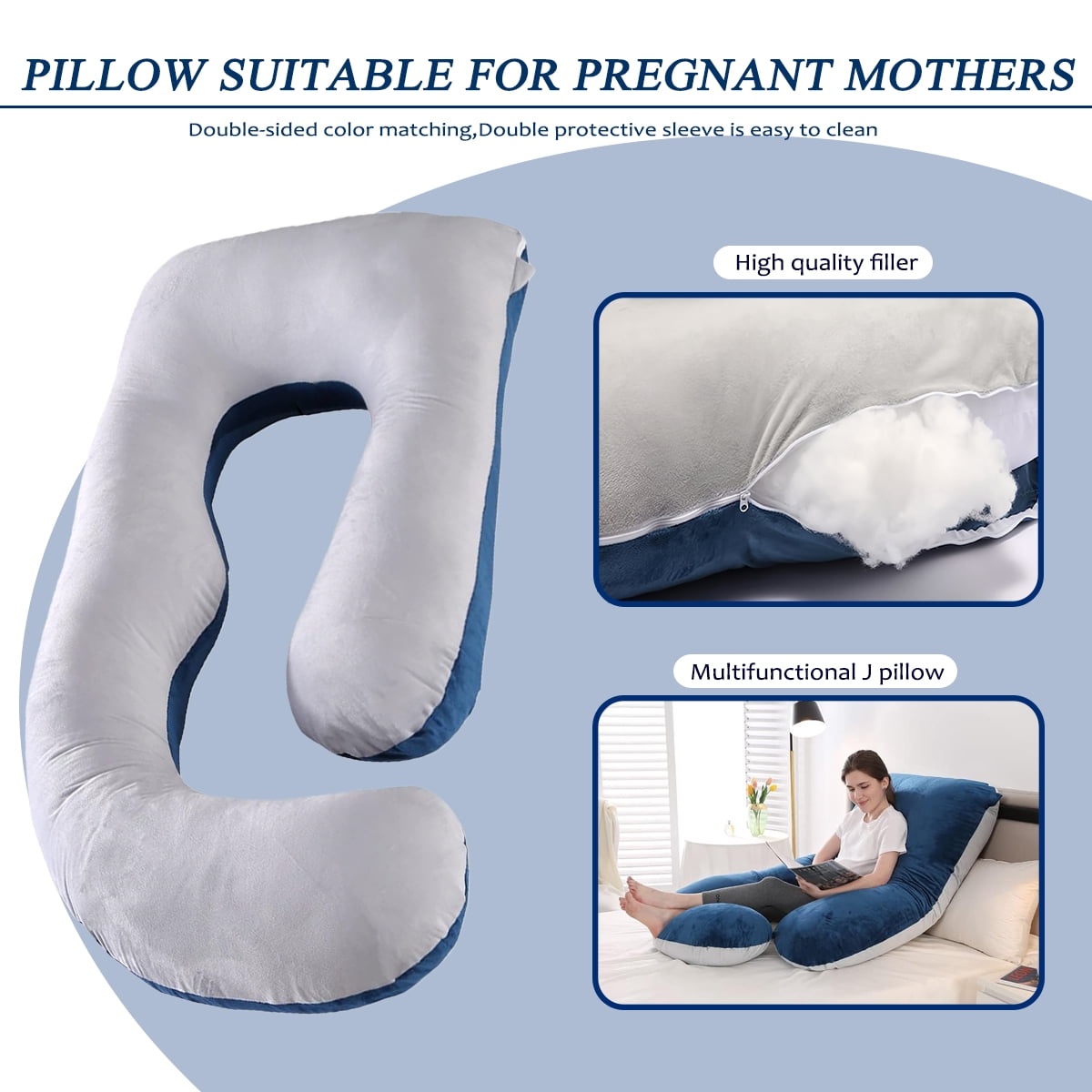 Supportive Ergonomic J-Shape Polyester Maternity Pillow for Multi-Position Sleeper, Blue-Gray