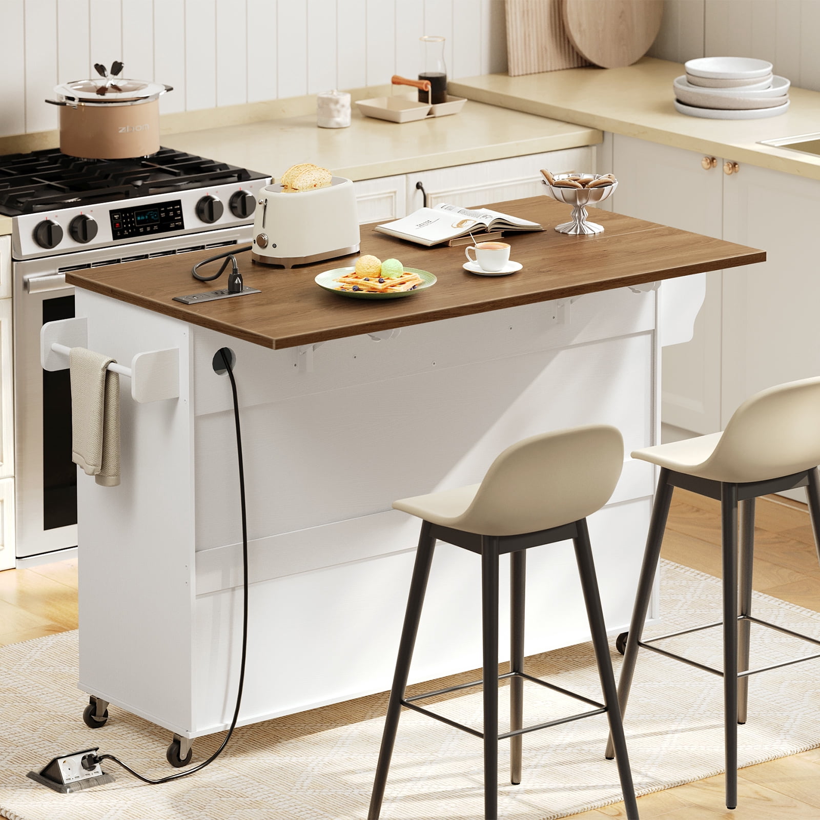 Kitchen Island with Drop Leaf, Rolling Kitchen Island with Storage and Power Outlet, Kitchen Cart with 3 Drawers and Adjustable Shelves, Towel and Spice Rack, White and Walnut