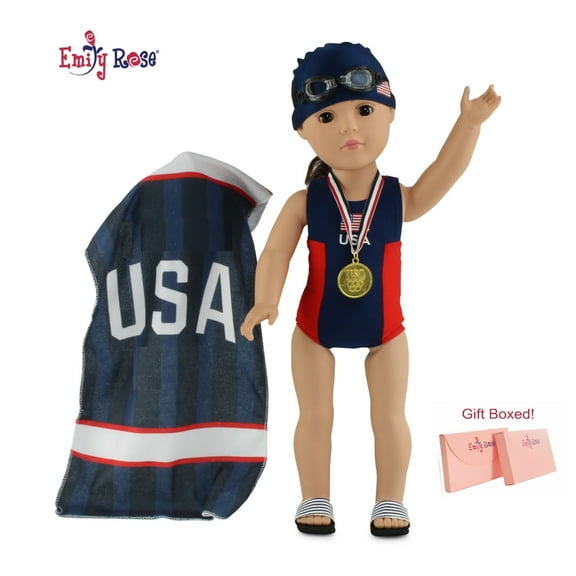 Emily Rose 18 Inch Doll Clothes | Team USA Competition 5 Piece 18" Doll Bathing Suit and Doll Accessories Set, Including Realistic Gold Medal! | Gift Boxed! | Fits 18" American Girl Dolls