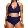 thumbnail image 3 of Yonique Womens Two Piece Plus Size Halter Bikini Swimsuits Tummy Control Bathing Suits High Waisted Swimwear, Navy, 3 of 5