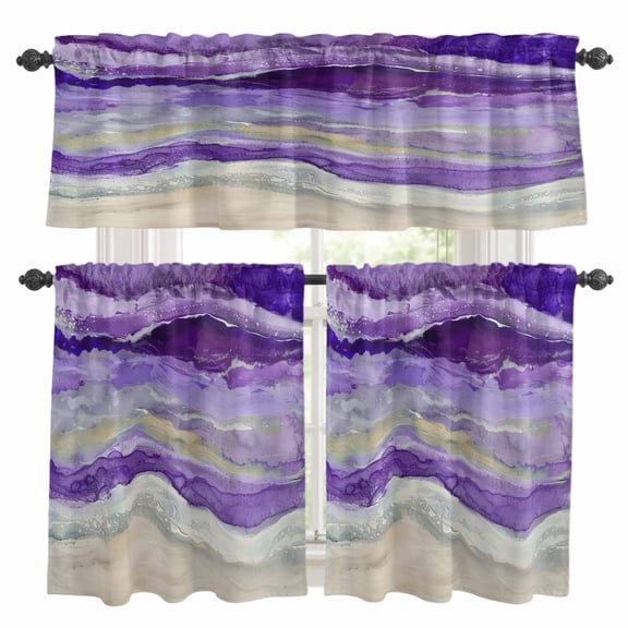 Purple Coastal Kitchen Curtains Sets for Windows 24 Inch Length, Summer Beach Nautical Abstract Art Rod Pocket Window Treatments Tier Curtains and Valances Set for Bedroom/Bathroom