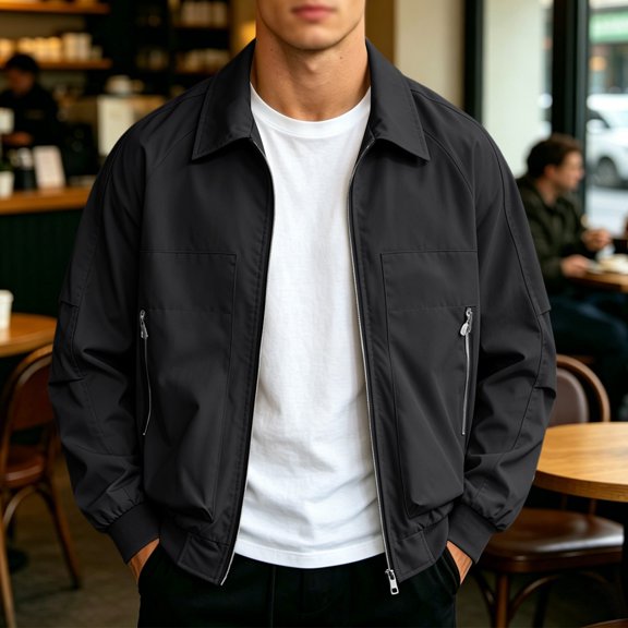 LWITHSZG Plus Size Bomber Jacket Men Collared Zip up Casual Outerwear Fall Winter Lightweight Jackets with Zipper Pockets L