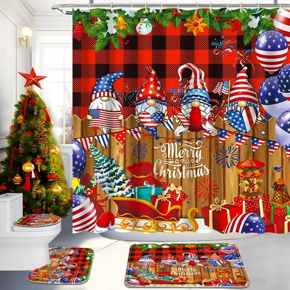 Christmas Shower Curtain Sets with Rugs 4 Pcs, Xmas Tree and Gift Bathroom Sets with Shower Curtain and Rugs, 71'' x 71'' Shower Curtain 12 Hooks, Non Slip Bath Mats, Toilet Lid, Oval Rug