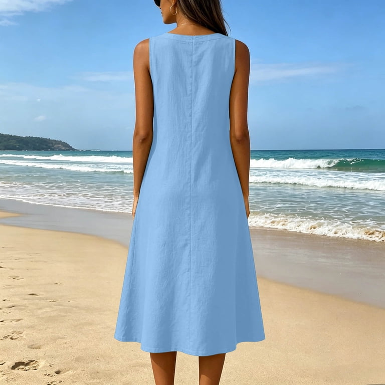 casual cotton dresses for summer Yuxingfu Womens 100% Cotton Dresses Maxi V-Neck Plus Size Womens Dress Sleeveless Solid Color Long Casual Summer Sky Blue XL, Women's