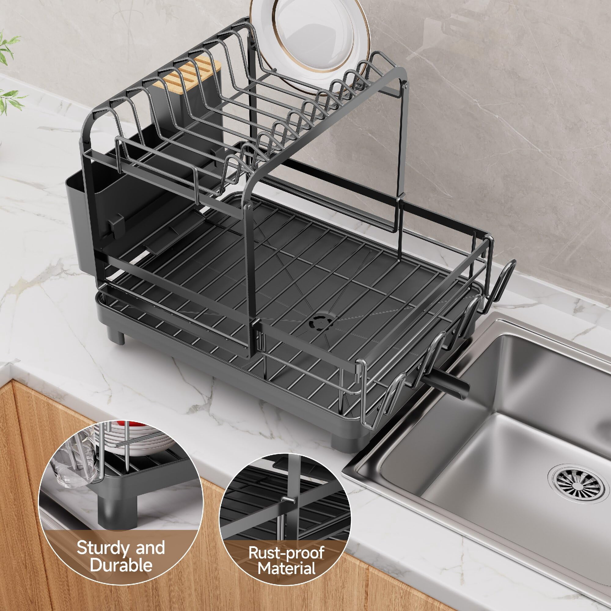 2-tier Dish Drying Rack  Large With Drainboard Set Detachable 4-in-1 Capacity Drainer Over The Sink Anti-rust For Kitchen Counter Black