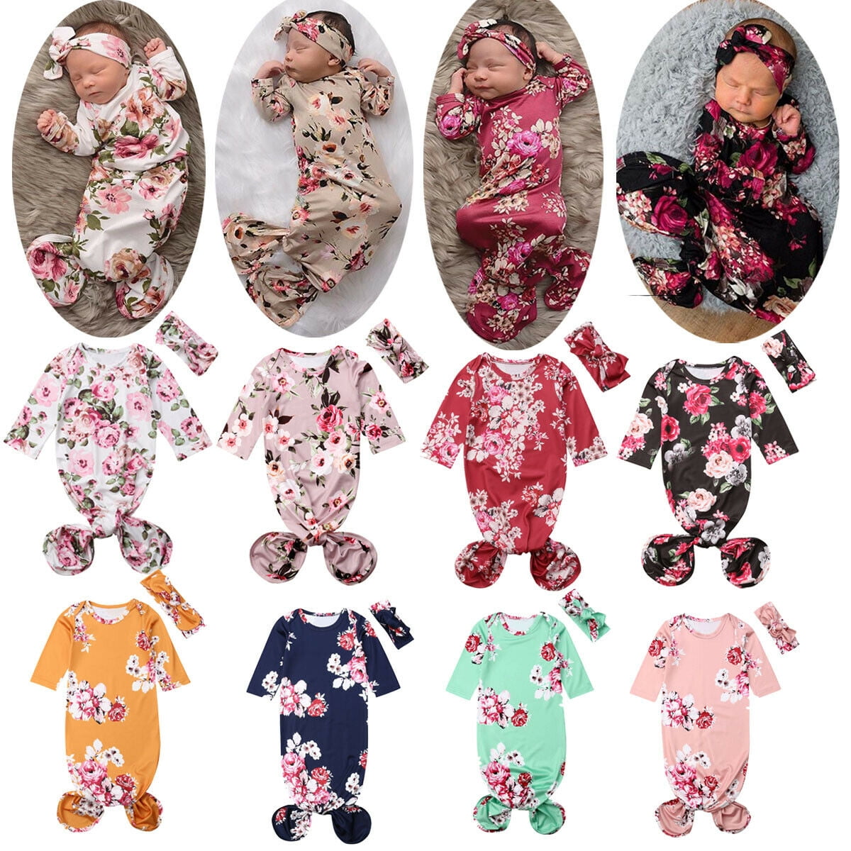 Newborn Baby Girl Sleepwear Nightgown Floral Sleeping Gown Headband