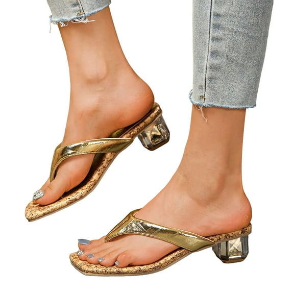 Womens Dress Flip Flops for Ladies Trendy Square Toe Clear Chunky Mid Heel Slides Sandals 2025 Summer