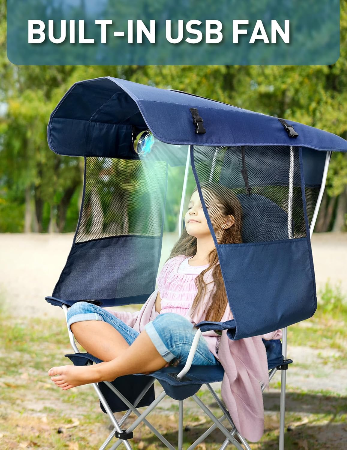 VicTsing Camping Chair with Canopy Shade & Fan, 360° Rotatable, 3-Speed Quiet Fan, Portable Foldable Design, Cup Holder & Side Pocket, Supports 330 lbs