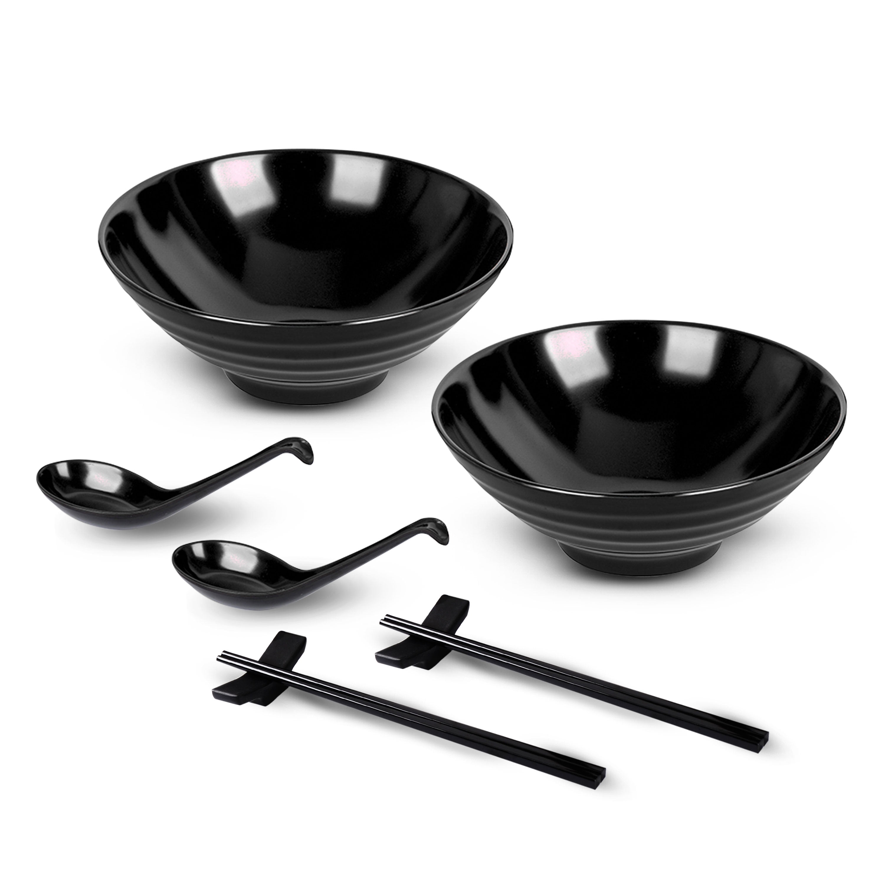 Annie's Kitchen Ramen Bowl Set of 2 -Ramen Bowls Japanese Dinnerware Set. Asian Soup Spoons, Chopsticks (Black)