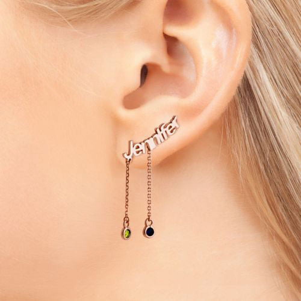 Personalized Planet Women's Rose Gold over Sterling Name with Birthstone Dangle Crawler Earrings