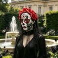 thumbnail image 4 of Halloween Skull Mask with Veil and Rose Flower, Mexican Dia de Los Muertos Lace Mask for Halloween Masquerade Cosplay Party Costume, 4 of 5