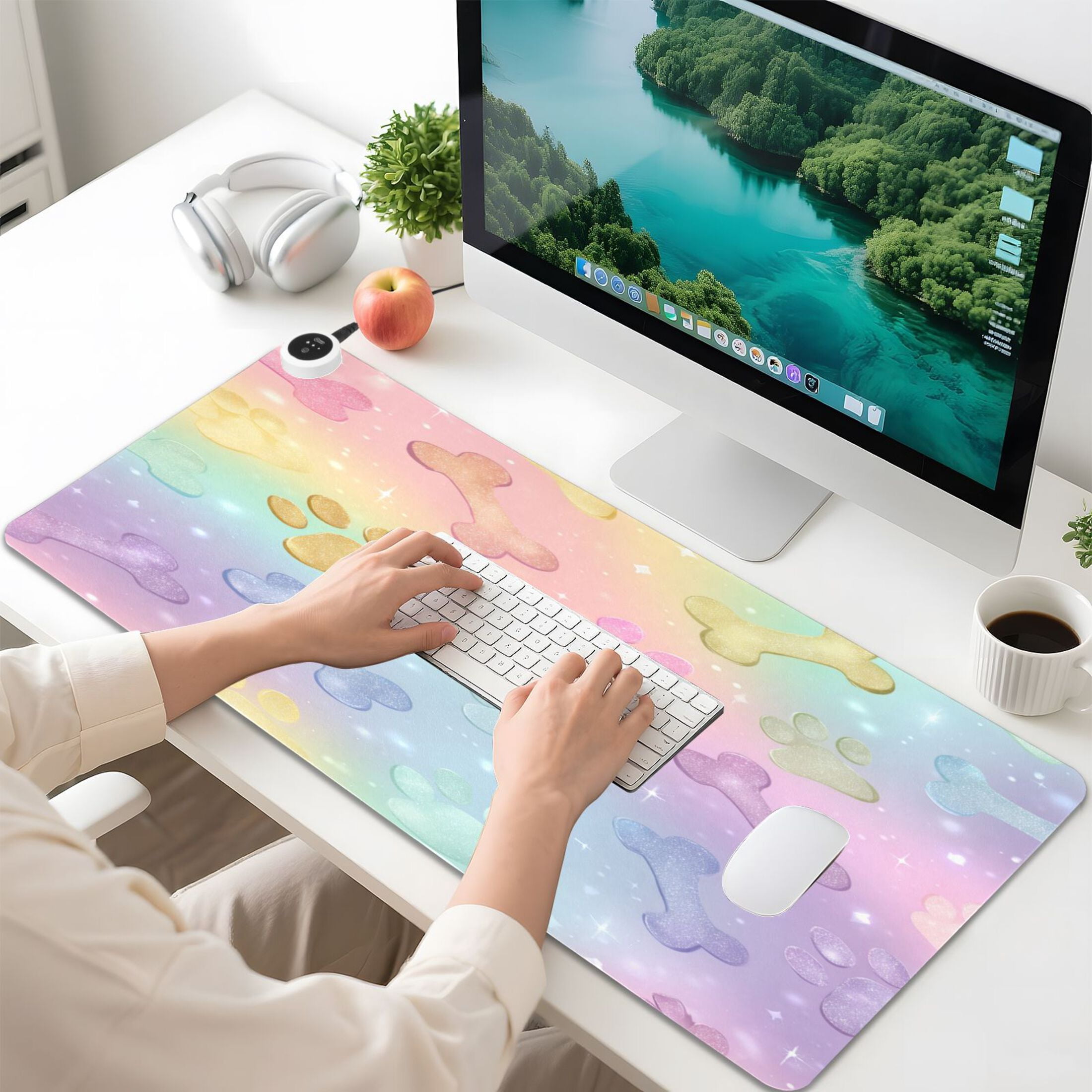 Large Heated Desk Mat Mouse Pad 31.5"x13"PU Leather Graphene Heating Desk Warmer with 3 Temperature Settings 110V US Plug Non-Slip Warm Pad for Home, Office, and Gaming Candy Glitter Puppy Party