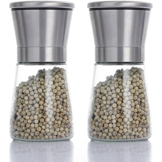 2Pcs de Molinillo Manual de Sal y Pimienta, Moledor de Especias de Acero Inoxidable y Vidrio con Rudeza Ajustable para Pimienta, Especias o Sal Marina Negra y Otras