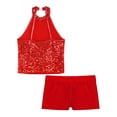thumbnail image 6 of YEAHDOR Kids Girls Gymnastic Dance Outfit Halter Allover Sequins Tops with Gymnastics Workout Shorts Red 6, 6 of 7