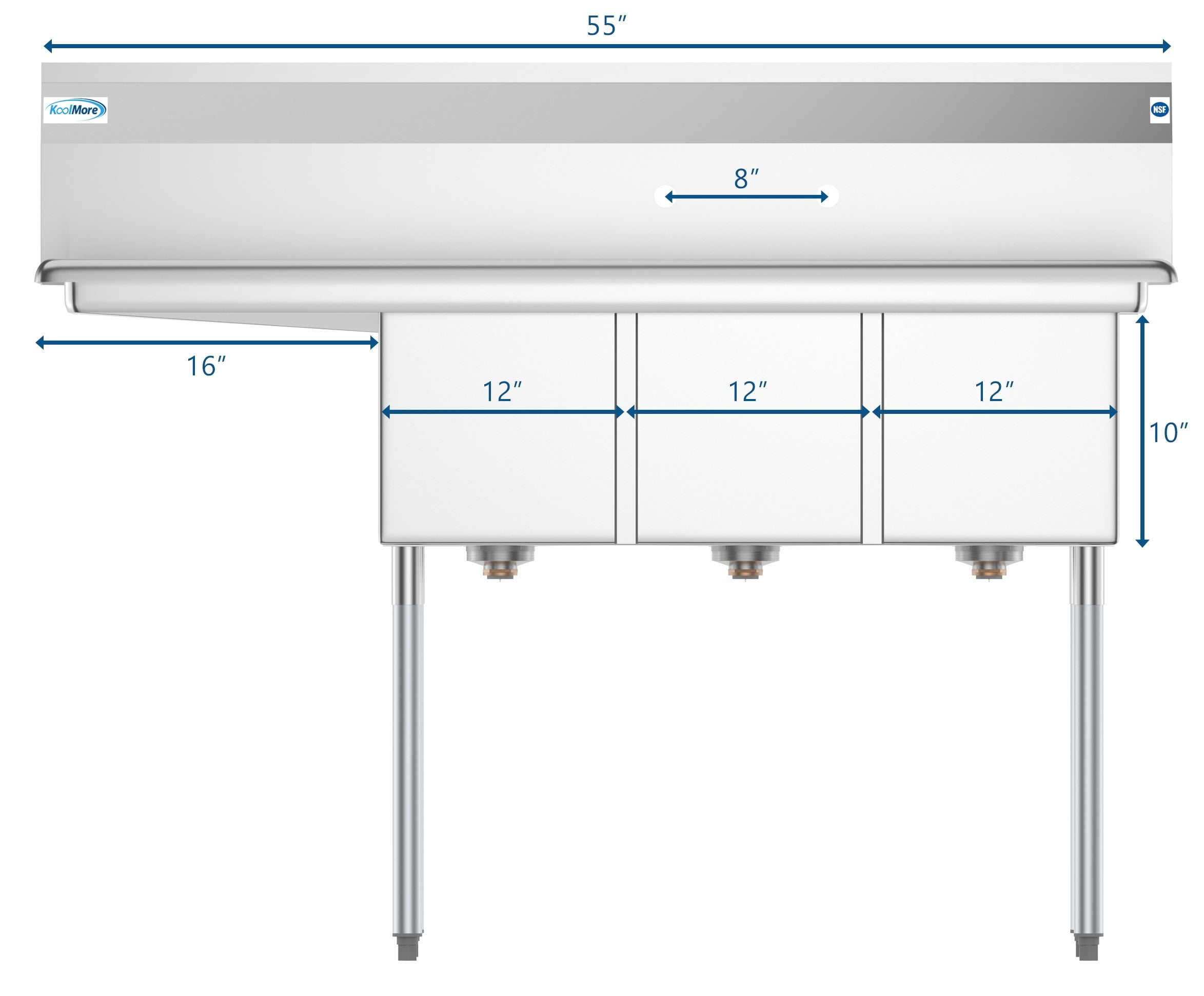 3 Compartment 55" Stainless Steel Commercial Kitchen Sink with Large Drainboard - Bowl Size 12" x 16" x 10"