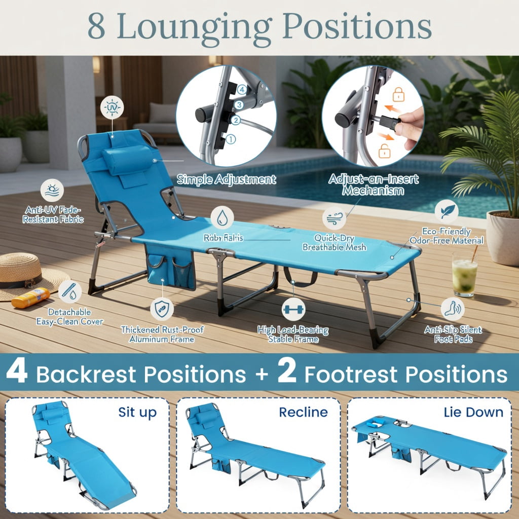 Hommoo Foldable Tanning Chair with Face & Arm Holes, Adjustable Reclining Sun Lounger for Beach, Pool, Patio, Navy
