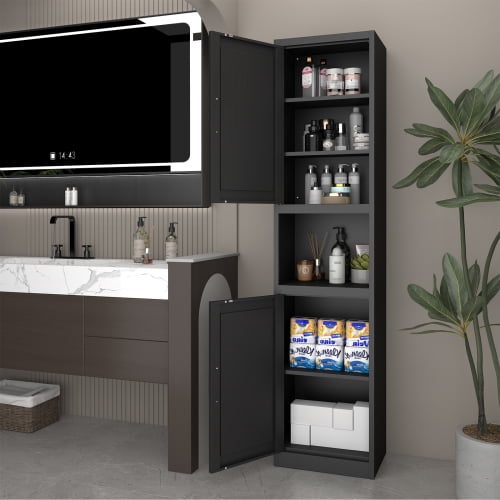 67" Tall Narrow Storage Cabinet, Bathroom Linen Tower, Reversible Doors, Adjustable Shelves, Black