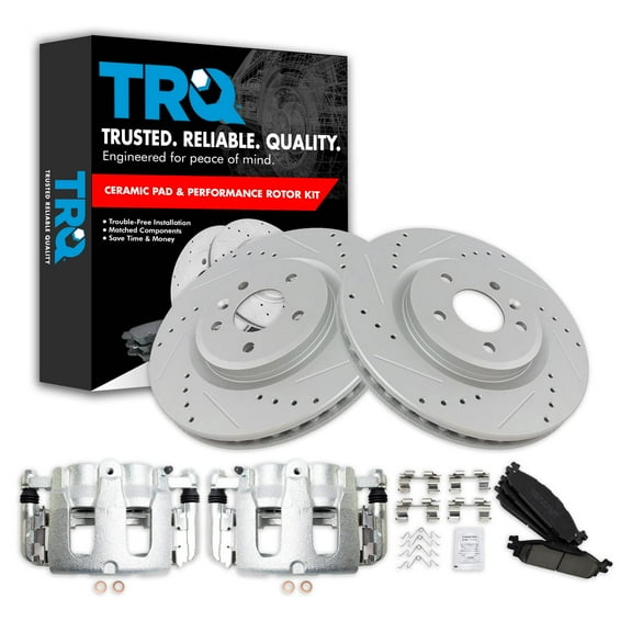 TRQ Front Brake Calipers Ceramic Pads Drilled Rotors Fits Select Explorer Flex MKS MKT