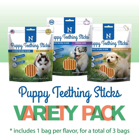 N-Bone Puppy Teething Sticks Variety Pack, Dried Chew Sticks for Puppy, Chicken & Pumpkin & Peanut Butter Flavor, 3 Bags, 11.22 oz, for Small Breeds
