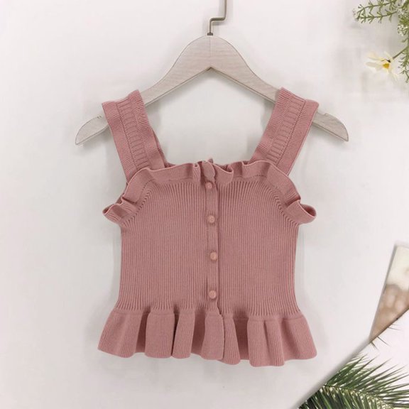 BRGZLK Toddler Girls Wide Strap Top Summer Solid Color Knitted Stretch Camisole Kids Casual Button Front Ruffled Sports Tank Top Pink 8-9 Years
