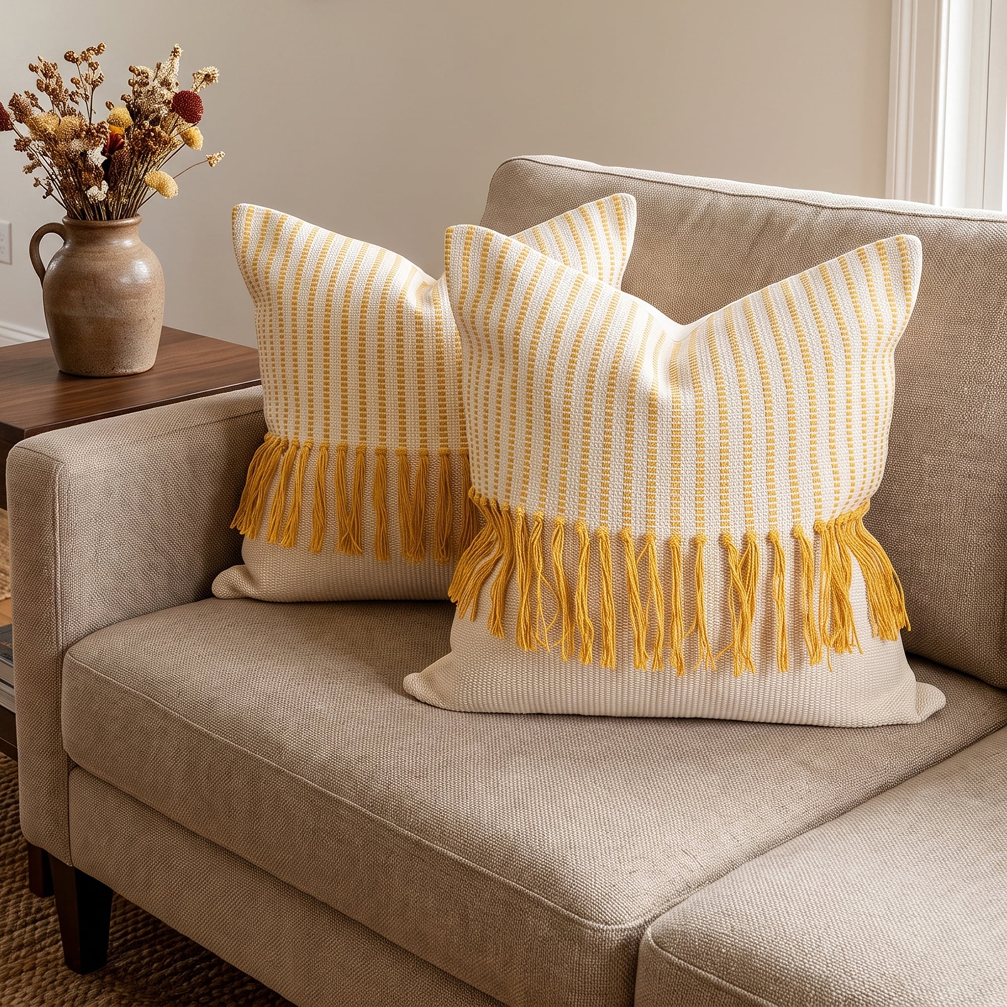 Unique Bargains Woven Striped Throw Pillow Cover Tassels Cushion Case Yellow 18" x 18"