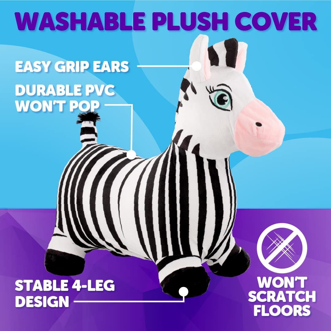 WADDLE Hopper Animal Plush Toy for Toddlers and Kids, With Pump, Ages 2 and Up, Zebra