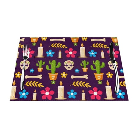 

XMXT Woven Placemats Set of 4 Skull Candle Cactus Stain Resistant Table Runner Anti-Skid Place Mats for Dining Table 12 x 18 inches