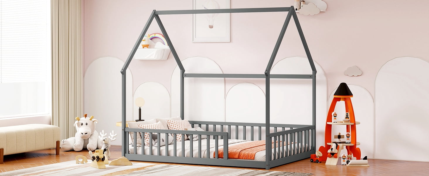Full Size House Floor Bed with Full Surround Safety Fence, Solid Pine Wood Montessori Kids Playhouse Bed Frame Max 300 LBS No Box Spring Needed for Toddler Bedroom Nursery