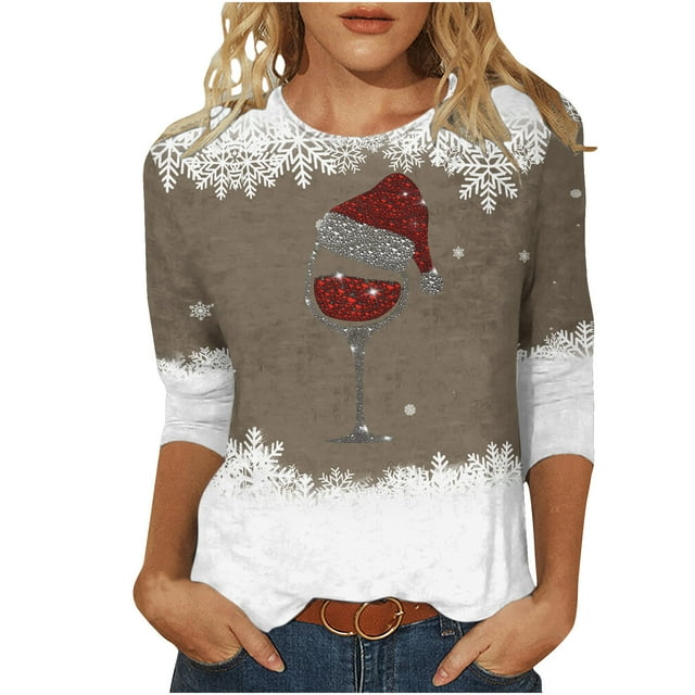 Pisexur Chandails en Molleton de Noël pour Femmes Manches 3/4 Chemises pour Femmes Chandails en Molleton Graphiques Amusants Col Rond Décontractés Vacances Chandails à Capuchon Confort Mode Automne Chandail Tops