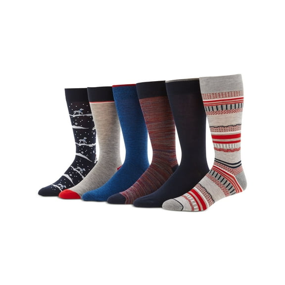 PERRY ELLIS Mens 6 Pack Navy Performance Patterned Rib-Knit Cuff Reinforced Heel And Toe Smooth Toe Seem Casual Crew Socks 7-12