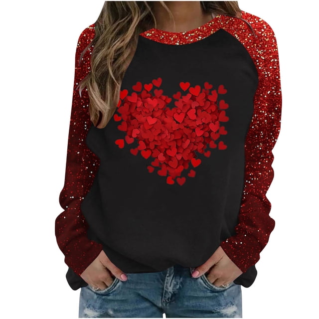 Penkiiy T-Shirt Décontracté à Col Rond pour Femmes, Manches Longues, Mignon, Tendance, Grande Taille, Imprimé Cœur, L Rouge