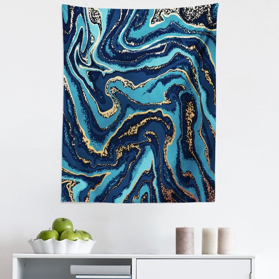Marble Tapestry, Modern Illustration of Waves Grunge Stain Look Dots Abstract Motif Print, Fabric Wall Hanging Decor for Bedroom Living Room Dorm, 5 Sizes, Sea Blue Aqua and Ecru, by Ambesonne