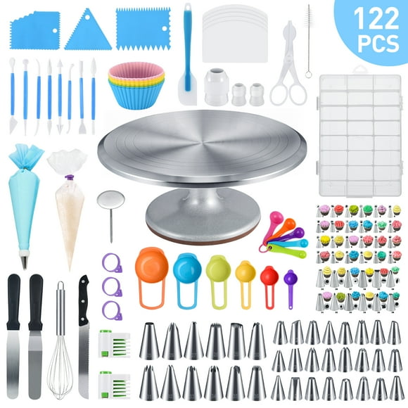 Cake Decorating Supplies Kit with Cake Turntable, Piping Tips, Reusable Pastry Bags, Spatula, Scraper, Smoother, Flower Nails, Set of 120