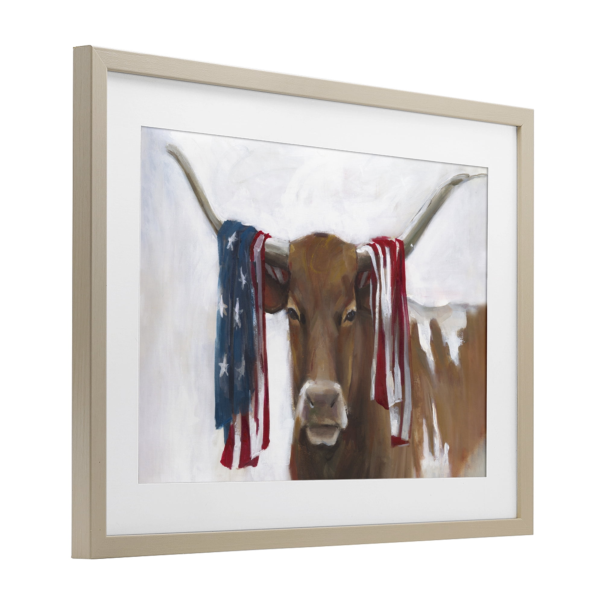 Stupell Industries Patriotic Longhorn with Flag Birch Framed Print Under Glass, design by White Ladder