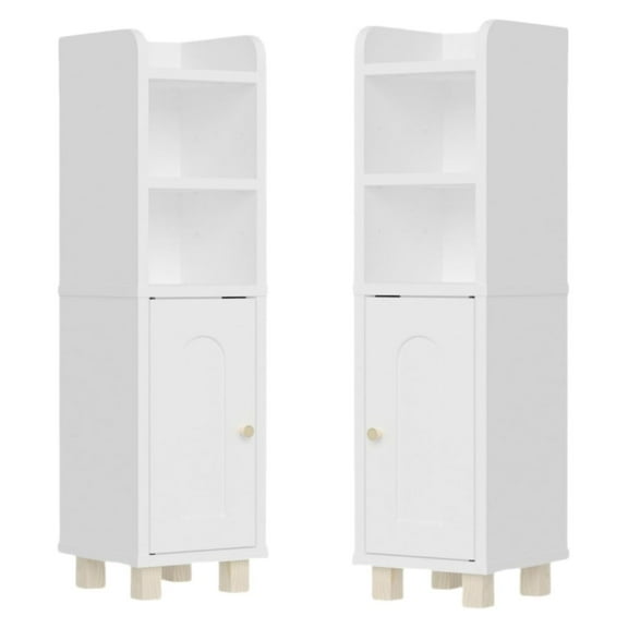 Bookshelf & Bookcase Set of 2, Narrow Floor Cabinet with Doors & Adjustable Shelves, Slim Storage Organizer for Home Office, Living Room - White, 2 Pack 4-Tier with Door-2 Pack