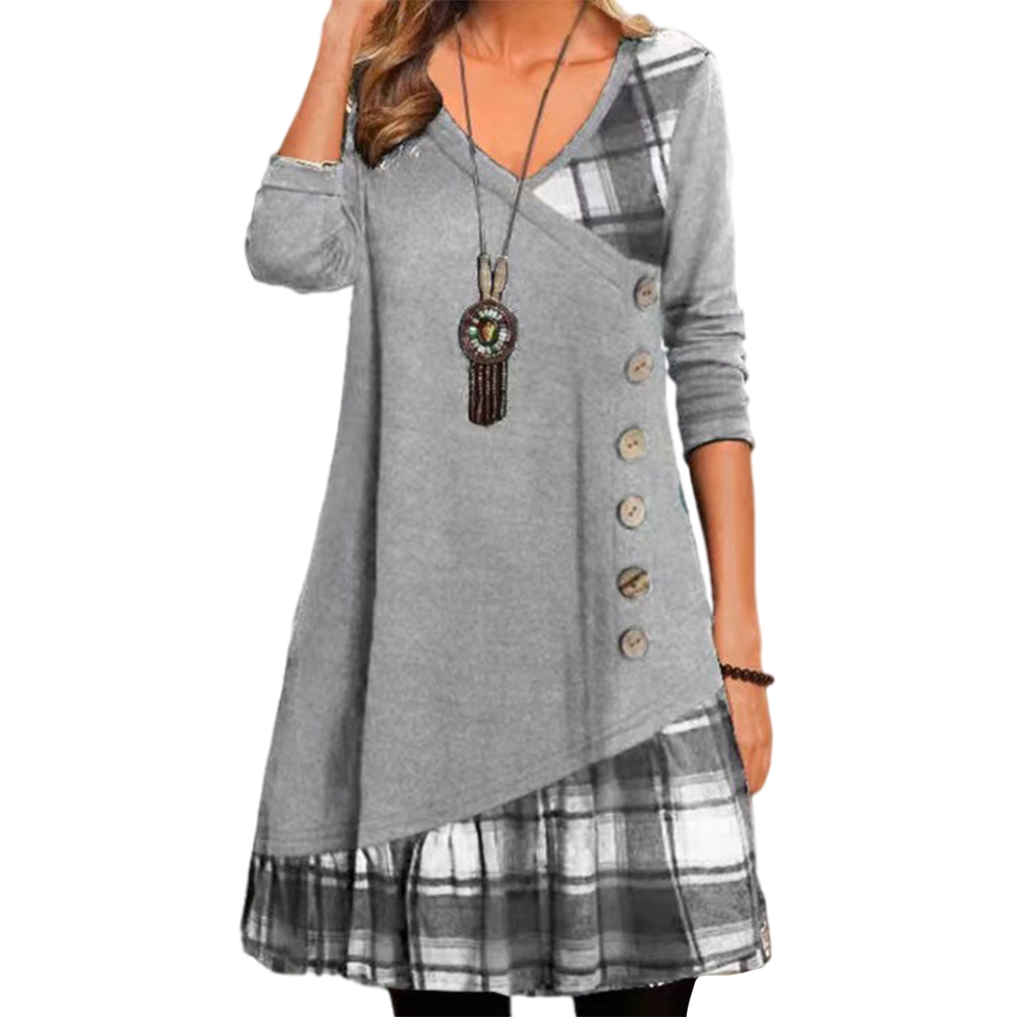 MAWCLOS Women Mini Dress Long Sleeve Short Dresses Plaid Stitched