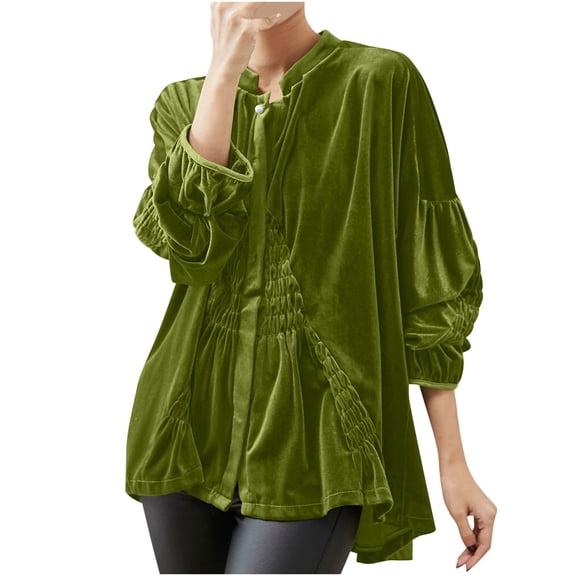 Lenpel Velvet Tops for Women Long Sleeve Mock Neck High Low Hem Pleated Button down Shirts Velour Tunic Tops Dressy Casual Blouses(Gold,X-Large)