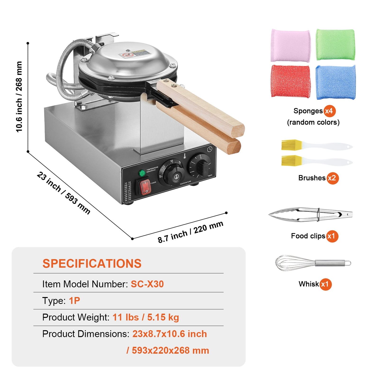 KFFKFF Electric Waffle Maker, Professional Waffle Iron, 1400W, for Crispy Egg Waffles, Non-Stick, Stainless Steel Build, 180° Flip Feature, Adjustable Temperature & Timer, Wood Grip, Ideal for Cafes