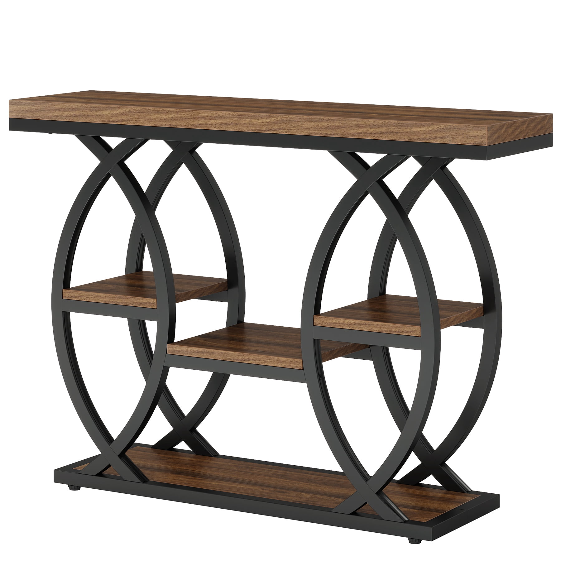 Fnova 39.4" Industrial Console Table, 4-Tier Retro Staggered Storage Shelves, Narrow Wood Accent Table with Metal Frame, for Small Spaces, Entryway, Sofa, Hallway
