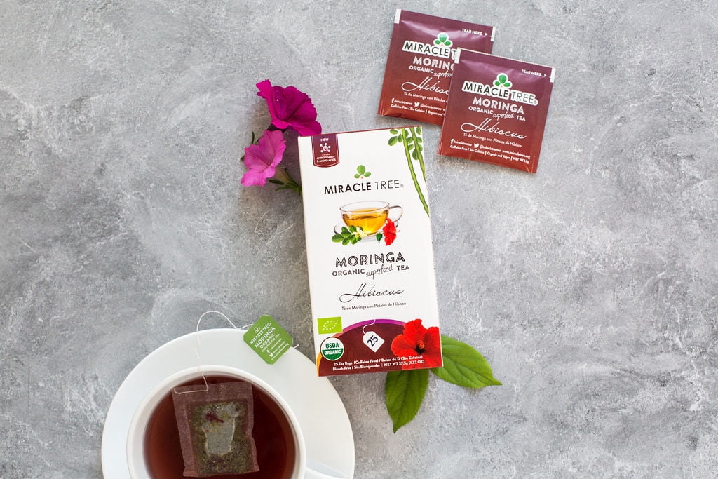 Miracle Tree Organic Moringa Herbal Tea Bags, Hibiscus Flavor, 25 Count