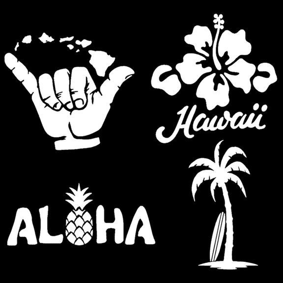 Hawaii Decal 4 Pack: Hang Loose Islands, Hawaii Hibiscus, Aloha Pineapple, Palm Tree Surf Board