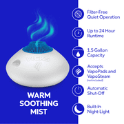 Vicks Warm Steam Vaporizer Humidifier with Night Light, 1.5 gal, 600 Sq. ft, White, V150SGNLUPCV2